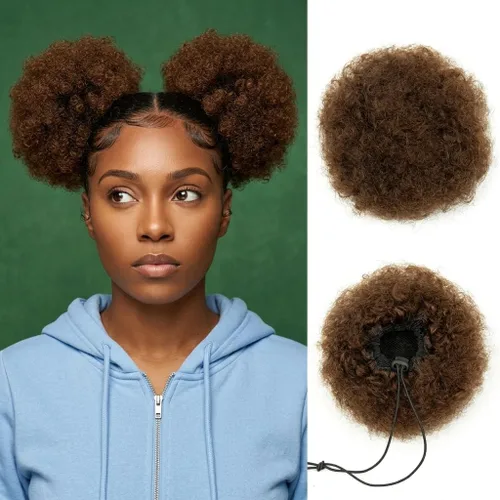 Miniatura 22 de Cola de caballo de cabello humano con cordón para mujeres negras, extensión de cabello humano rizado 4C, 8 pulgadas, aspecto natural, añade volumen