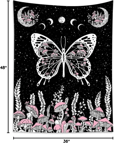 Miniatura 10 de LB Tapiz de mariposa blanco y negro, hongo rosa y hojas con fase lunar para dormitorio, tapiz colgante de pared de noche estrellada, arte de pared