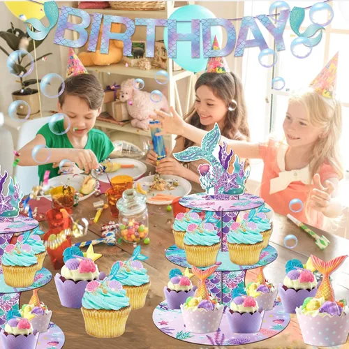 Miniatura 5 de Soporte para cupcakes de sirena, 3 niveles con 12 adornos Bajo el tema del mar, decoraciones de fiesta de cumpleaños para niñas, suministros