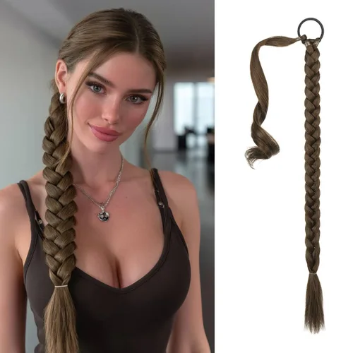 Miniatura 29 de Sofeiyan Extensión de cola de caballo de trenza larga con banda para el cabello, lacio, elegante, envolvente, extensiones de cabello trenzado, cola