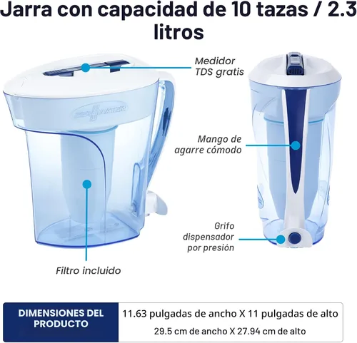Miniatura 3 de ZeroWater Jarra de filtro de agua de 5 etapas lista para verter de 10 tazas 0 TDS para un mejor sabor al agua del grifo, certificado IAPMO