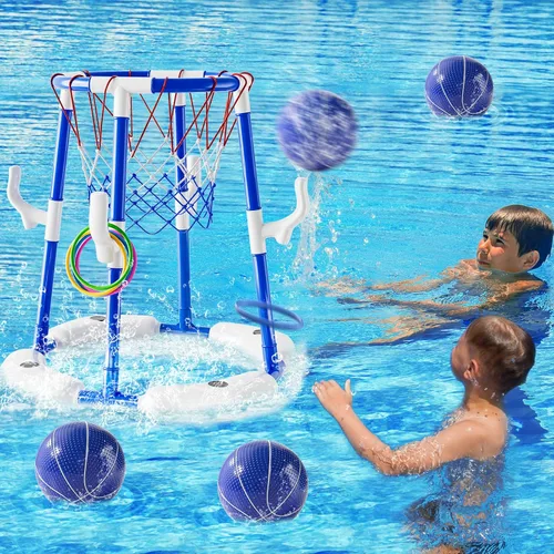 Miniatura 3 de Aro y anillo de baloncesto de piscina 2 en 1 y juegos con 4 pelotas, 12 anillos y bomba, juguetes y juegos de piscina al aire libre de agua