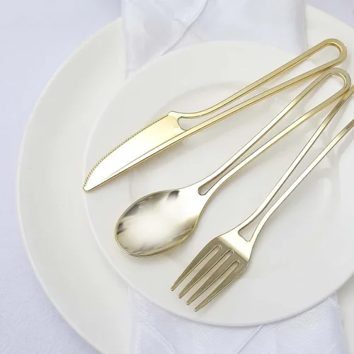 Efavormart - Juego de utensilios de plástico con diseño moderno de mango hueco dorado de 7 pulgadas, tenedores, cucharas y cuchillos desechables, Oro