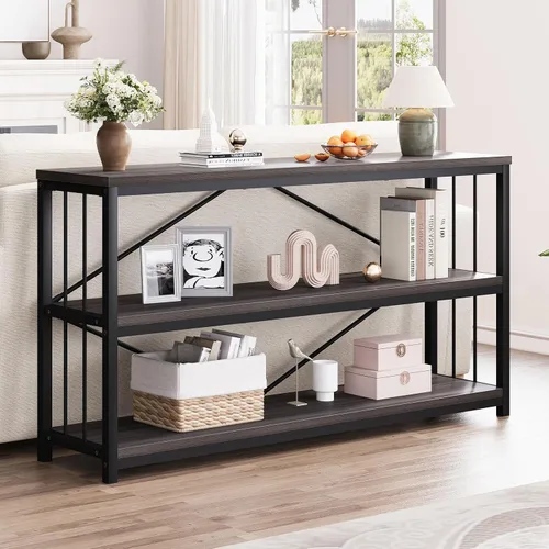 Miniatura 3 de LVB Mesa consola industrial, mesa de sofá de metal y madera, mesa de entrada rústica con almacenamiento, moderno estante de 3 niveles mesa larga