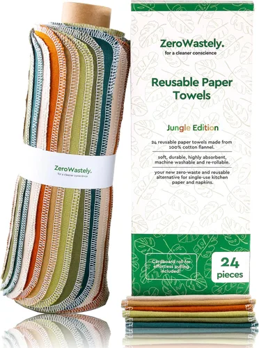 Toallas de papel reutilizables, paquete económico de 24 toallas de papel sin papel. 100% algodón, súper suaves, absorbentes, lavables y hechas para