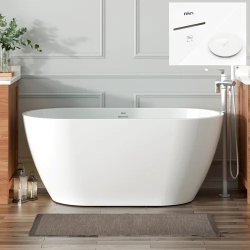 Miniatura 18 de FerdY 59" Bañera de acrílico independiente Bali Elite, bañera independiente de inmersión con forma elegante, certificada cUPC, desagüe negro Toe-Tap