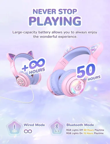 Miniatura 4 de iClever Cat Ear - Auriculares Bluetooth para niños, luces LED que se iluminan, volumen seguro limitado de 74/85 dBA, tiempo de reproducción de 50