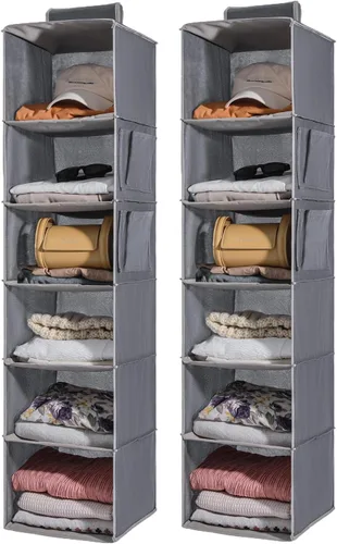 Miniatura 10 de Paquete de 2 organizadores colgantes para armario, estantes colgantes de 4 niveles para armario con inserciones de bambú resistentes, color negro