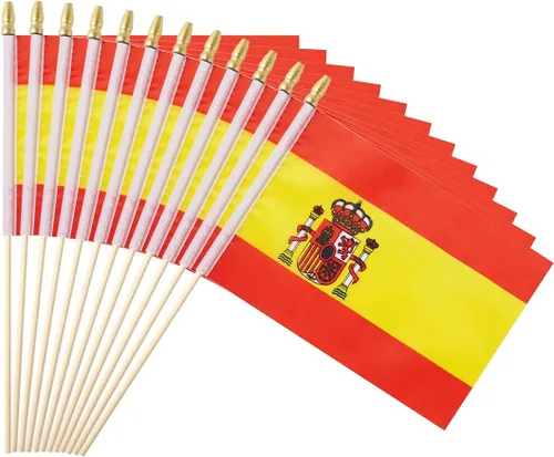 Paquete de 25 banderas pequeñas de España de mano, mini bandera española en palo de 5 x 8 pulgadas