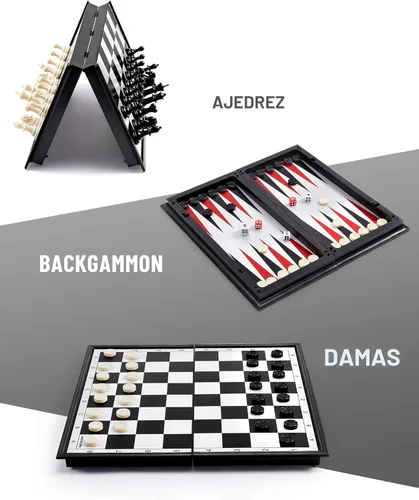 Miniatura 2 de KAILE Juego de ajedrez magnético de 10" - Juego de viaje 3 en 1 de ajedrez, damas y backgammon con estuche plegable - Bolsa elástica portátil