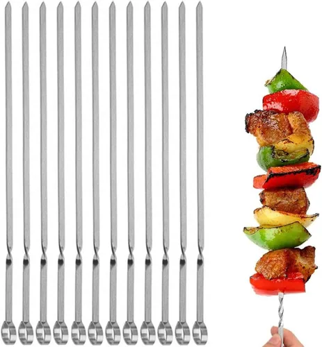 Juego de 12 brochetas de metal plano para barbacoa de 14 pulgadas de largo, de acero inoxidable, para carne, camarones, pollo, verduras, 12 unidades