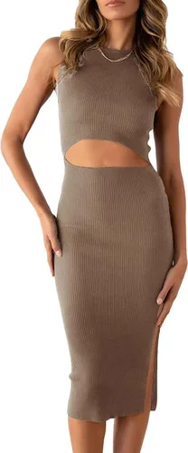 PRETTYGARDEN Vestido de verano por debajo de la rodilla para mujer, casual, cuello redondo, abertura lateral, sin mangas, de punto, calado