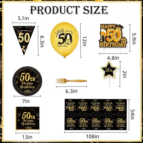 Miniatura 3 de Suministros de decoración de fiesta de cumpleaños número 50 para hombres y mujeres, incluye 16 platos, 20 servilletas, 1 mantel, 1 pancarta, 16