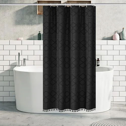 Miniatura 41 de Siiluminisoy Cortina de ducha bohemia rosa con textura y borlas de 72 x 72 pulgadas con tul, cortina de ducha de chenilla tejida con rayas chevrón