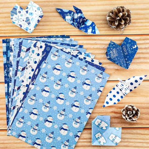 Miniatura 4 de Whaline 60 hojas de papel con patrón de invierno A5, tamaño 12 diseños de doble cara de copo de nieve de invierno, muñeco de nieve, oso, papel