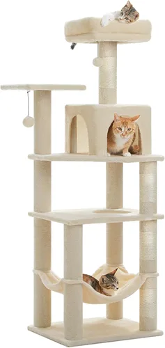 Miniatura 12 de PEQULTI Pequeño Árbol para Gatos, [72.4 cm] Torre para Gatos de Interior, Árbol de Actividad de 2 Estilos con Postes para Rascar, Gran Hamaca y Beige