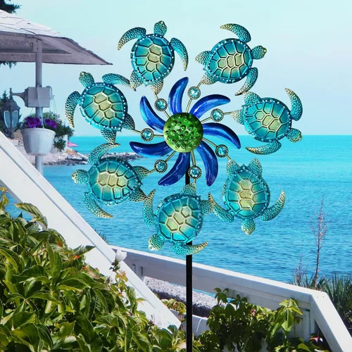 Miniatura 3 de COOZZYHOUR - Giradiscos de tortuga marina de 39" para jardín, estaca temática del océano, decoraciones al aire libre - Estaca de metal para jardín