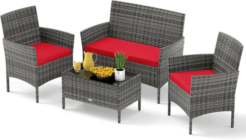Miniatura 15 de RELAX4LIFE Juego de muebles de patio de 4 piezas – Juego de muebles de ratán para conversación al aire libre con cojines, mesa de centro de cristal