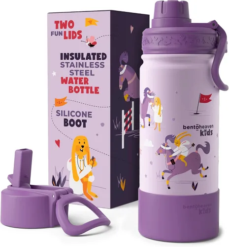 Miniatura 9 de Bentoheaven Botella de agua para niños de acero inoxidable para niños y niñas, 2 tapas (pico y pajita), asa y bota de silicona, vaso aislado