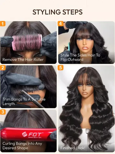 Miniatura 5 de Julia Hair Pelucas frontales de encaje sin pegamento 13X4 HD Pre Everything de cabello humano esponjoso natural ondas sueltas con flequillo cortina