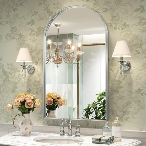 Miniatura 32 de Brightify - Espejo arqueado dorado de 24 x 32 pulgadas, espejo de pared con marco de metal de latón para baño, espejo arqueado superior para tocador