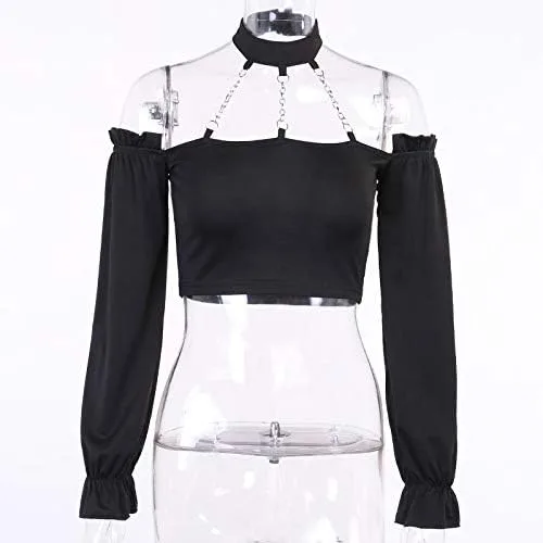 Miniatura 5 de Dark Punk Crop Top con Cadenas Mujer Punk Off Hombro Hueco Sólido Sin Espalda Tops