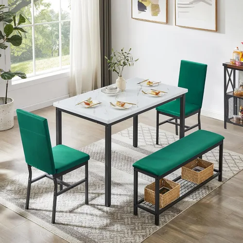 Miniatura 2 de YOFE Juego de mesa de comedor para 4, mesa de cocina de mármol sintético, juego de sillas de mesa de cocina con sillas de terciopelo, banco con red