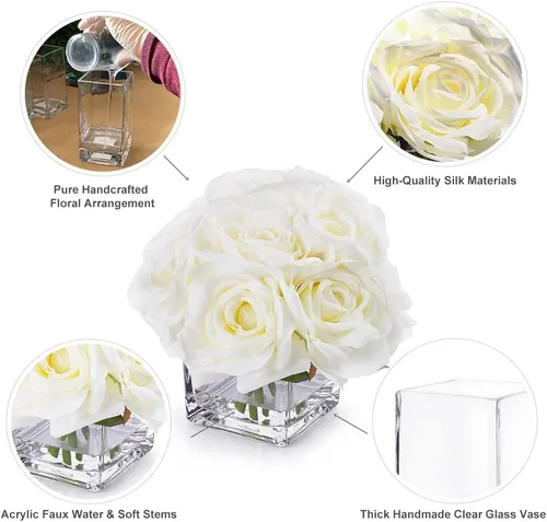 Miniatura 3 de ENOVA FLORAL Flores artificiales en jarrón, arreglos florales falsos en jarrón con agua sintética para bodas, mesa de comedor (crema)