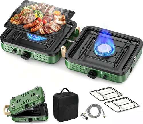 Estufa de campamento de 2 quemadores, estufa de campamento de propano de 10000 BTU, estufa portátil plegable de gas, equipo esencial de campamento,