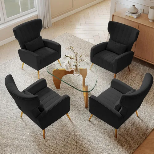 Miniatura 8 de Nebuaegis Silla decorativa de terciopelo con respaldo alado para sala de estar, sillón de respaldo alto con patas doradas, almohada lumbar, sofá