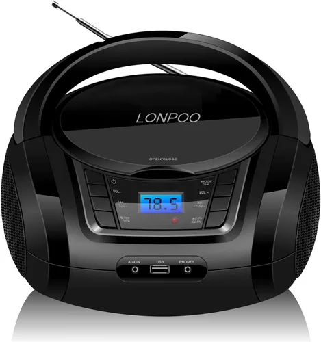 LONPOO Reproductor de CD portátil Boombox con radio FM/USB/Bluetooth/entrada AUX y salida de jack de auriculares, altavoz de sonido estéreo y