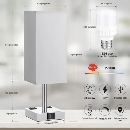 Miniatura 6 de Lámpara de mesa de noche táctil, con pantalla, puertos de carga USB C+A y salidas de CA duales, para dormitorio, sala de estar, oficina