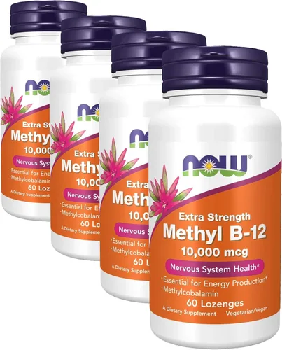 Suplementos NOW, Metil B-12 (metilcobalamina) 10,000 mcg, salud del sistema nervioso*, 60 pastillas (paquete de 4)