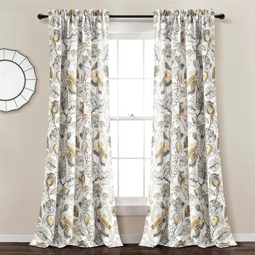 Lush Decor Cynthia Jacobean - Par de paneles de cortinas para ventana con filtro de luz, 84" L x 52" A, amarillo y gris