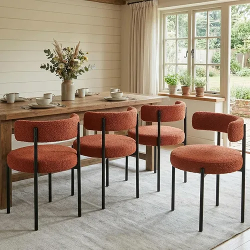 Miniatura 14 de Juego de 2 sillas de comedor Boucle, sillas de comedor beige con asiento tapizado y respaldo redondo, sillas de cocina modernas de mediados de siglo