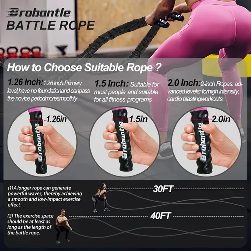 Miniatura 3 de Cuerda de batalla de 1/1.26/1.5/2 pulgadas de diámetro, rosa de 30 pies/40 pies/50 pies, cuerdas de entrenamiento de ejercicio para gimnasio
