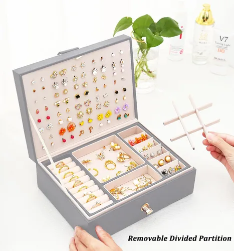 Miniatura 50 de Joyero de pendientes para mujeres y niñas, organizador de aretes de 5 capas, caja organizadora de joyas blanca con candado, collares y aretes