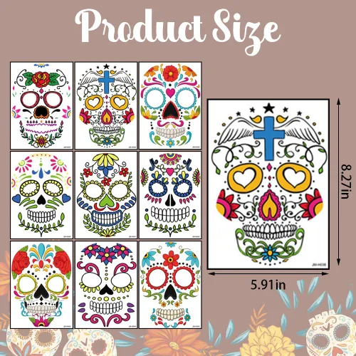 Miniatura 2 de Hying 9 tatuajes temporales del Día de los Muertos, tatuajes de esqueleto de Halloween, tatuajes faciales de calavera floral de azúcar, calcomanías