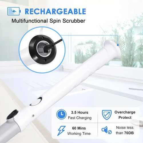 Miniatura 5 de Cepillo de limpieza eléctrico giratorio inalámbrico con mango largo desmontable ajustable y 4 cabezales de cepillo reemplazables, suministros