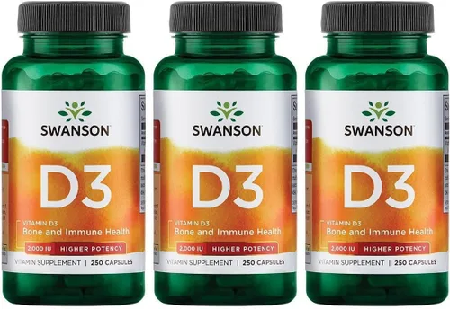 Swanson Vitamina D-3 de mayor potencia 2000 Iu - Hueso de vitamina del sol, apoyo inmunológico (50 mcg) 250 cápsulas (paquete de 3)