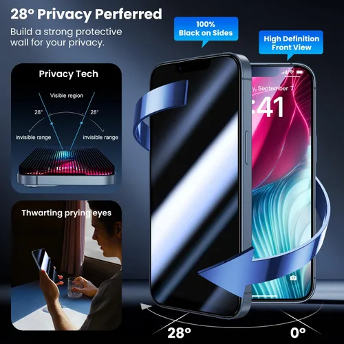 Miniatura 3 de Uyiton Protector de pantalla de privacidad para iPhone 13/13 Pro/14 UnBreak-Glass, 28° Anti-Espía [Cero Burbujas] Irrompible Cobertura Completa