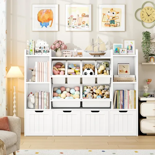 Miniatura 4 de FINETONES Organizador de almacenamiento de juguetes de 55.1 pulgadas con 6 cubos de juguetes, organizador grande de juguetes, estantería para niños