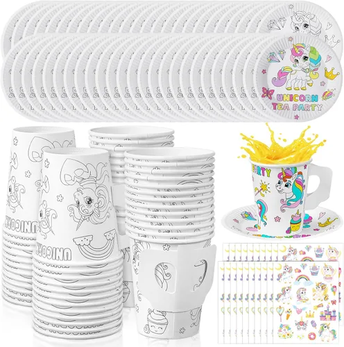 Miniatura 8 de Lenwen Juego de 48 tazas de fiesta de té con asa, tazas y platos de papel de 8 onzas para colorear tú mismo, tazas y platos para aperitivos, postres