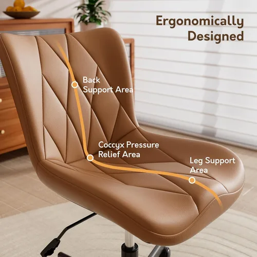 Miniatura 5 de Silla de escritorio sin brazos de cuero marrón, cojín ergonómico suave, altura ajustable, balanceo, oficina en casa