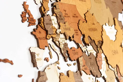 Miniatura 6 de Decoración de pared de mapa del mundo de madera, multicapa, madera teñida multicolor, nombres grabados, diseño 3D único, para cocina, oficina