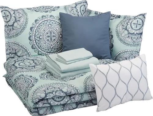 Miniatura 8 de Amazon Basics Juego de edredón Queen, microfibra suave, lavable a máquina, color acuarela azul con estampado floral, 10 piezas Acuarela Azul Floral