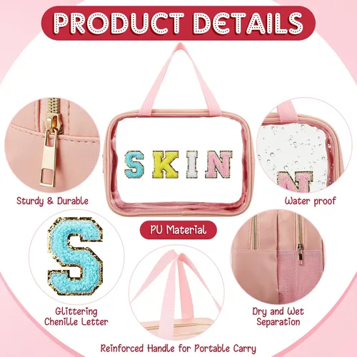 Miniatura 4 de Geetery Bolsa de maquillaje transparente de doble capa con parche de letras grandes de chenilla, con asa práctica, organizador de cosméticos