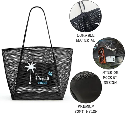 Miniatura 2 de ukia Bolsa de playa de malla, bolsas de playa de gran capacidad para mujer, bolsa de playa plegable con bolsillo con cremallera