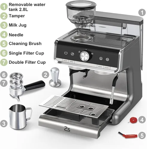 Miniatura 7 de Garvee Máquina de café expreso con molinillo, cafetera profesional de 20 bar con espumador de leche, varita de vapor para capuchino, latte