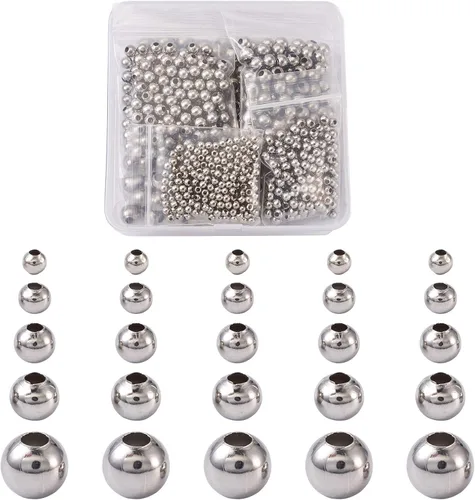 Miniatura 9 de 500 cuentas redondas de acero inoxidable 304, 7 estilos, acero metálico, cuentas espaciadoras lisas de 0.079 in, 0.118 in, 0.157 in, 0.197 in, 0.236